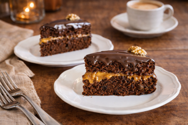 Bolo de Chocolate e Nozes com Recheio de Doce de Leite